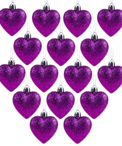 Pack of 16 - Glitter Heart Shaped Baubles - Christmas Tree Decorations (Purple)