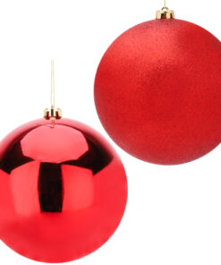 Pack Of 2-200mm Baubles - Shiny & Glitter Design - Giant Christmas Baubles (Red)