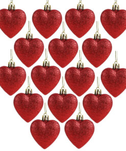 Pack of 16 - Glitter Heart Shaped Baubles - Christmas Tree Decorations (Red)