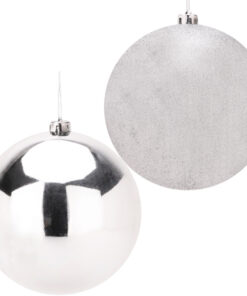 Pack Of 2-200mm Baubles - Shiny & Glitter Design - Giant Christmas Baubles (Silver)