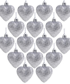 Pack of 16 - Glitter Heart Shaped Baubles - Christmas Tree Decorations (Silver)