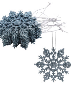 Pack of 12-10cm Glitter Snowflake Hanging Decorations - Christmas Decorations (Ice Blue)