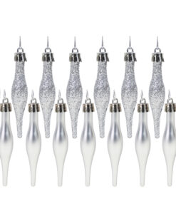 Pack Of 15-8.5cm Droplet Baubles - Matte & Glitter Design - Christmas Baubles (Silver)