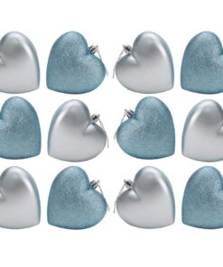 Pack Of 12-100mm Glitter Heart Shaped Christmas Tree Baubles - Matte & Glitter Design - Christmas Decorations (Ice Blue)
