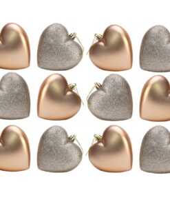 Pack Of 12-100mm Glitter Heart Shaped Christmas Tree Baubles - Matte & Glitter Design - Christmas Decorations (Champagne)