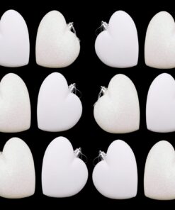 Pack Of 12-100mm Glitter Heart Shaped Christmas Tree Baubles - Matte & Glitter Design - Christmas Decorations (White)