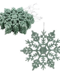 Pack of 12-10cm Glitter Snowflake Hanging Decorations - Christmas Decorations (Mint Green)