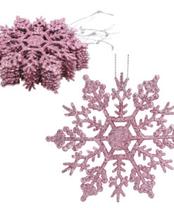 Pack of 12-10cm Glitter Snowflake Hanging Decorations - Christmas Decorations (Baby Pink)