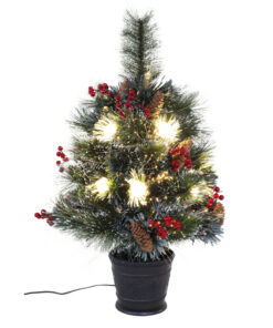 Christmas Concepts® 2ft (60cm) Pre Lit Frosted Fibre Optic Christmas Tree With Natural Cones & Red Berries With Warm White LED Rose Lights