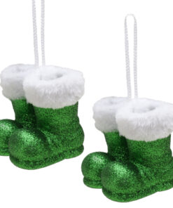 Christmas Concepts® Pack of 2–10cm Glitter Hanging Santa Boots With White Fur Trim – Christmas Tree Trims/ Baubles (Emerald Green)