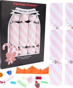 Christmas Concepts® 10 Deluxe Glitter Candy Cane Style Christmas Crackers – Hats, Mottos, Snaps & Novelty Gift Included – 3 Colours Available