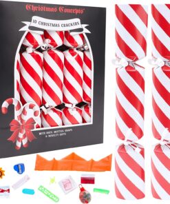 Christmas Concepts® 10 Deluxe Glitter Candy Cane Style Christmas Crackers – Hats, Mottos, Snaps & Novelty Gift Included – 3 Colours Available