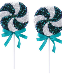 Pack of 2 - 36cm Giant Sparkly Sequin Lollipop Christmas Decoration - Turquoise / Blue & White – Christmas Tree Ornaments