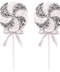 Pack of 2 -  36cm Giant Sparkly Sequin Lollipop Christmas Decoration - Silver & White – Christmas Tree Ornaments