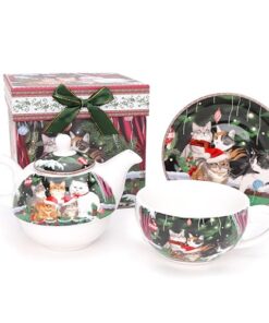 Festive Cat Deluxe Ceramic Tableware Range - Tea Set including Teapot, Cup & Saucer With Matching Decorative Gift Box