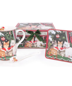 Festive Cat Deluxe Ceramic Tableware Range - Tea Set including 10.5oz Mug, Spoon & Coaster With Matching Decorative Gift Box