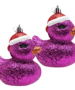 Pack of 2-110mm (4.3") Purple Glittery Festive Duck Baubles - Christmas Tree Decorations