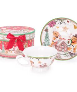 Gingerbread Deluxe Ceramic Tableware Range - 6oz Tea Cup & Saucer Set With Matching Decorative Gift Box