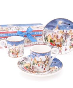 Festive Village Scene Deluxe Ceramic Tableware Range - 2 x 3oz Espresso Cup & Saucer Set with Matching Decorative Gift Box