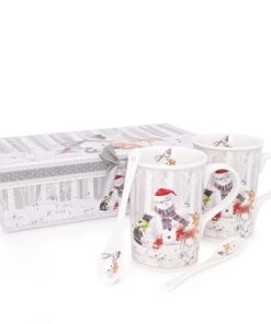 Snowman & Friends Luxury Ceramic Tableware Range - Set of 2 10oz Ceramic Mugs & Spoons with Matching Decorative Gift Box