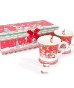Gingerbread Deluxe Ceramic Tableware Range - 2 x 9.4oz Ceramic Mug & Spoon Set with Matching Decorative Gift Box