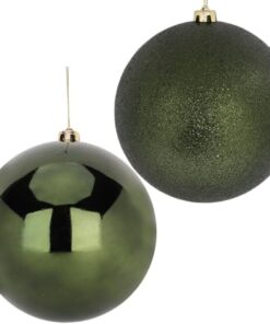 Pack Of 2-200mm Baubles - Shiny & Glitter Design - Giant Christmas Baubles (Forrest Green)