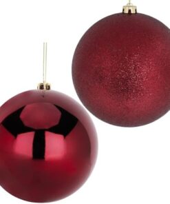 Pack Of 2-200mm Baubles - Shiny & Glitter Design - Giant Christmas Baubles (Rioja Red)