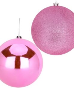 Pack Of 2-200mm Baubles - Shiny & Glitter Design - Giant Christmas Baubles (Baby Pink)