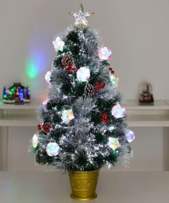 3ft (36") Green Prelit Fibre Optic Christmas Tree with Berries, Pinecones & LED Iridescent Ornaments - 37 Functions Included - Artificial Christmas Trees