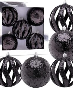 Christmas Concepts® Elegance Collection - Pack of 5-100mm (4") Black Luxury Glitter Baubles - Christmas Tree Hanging Decorations