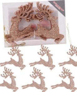 Christmas Concepts® 100mm (4") Pack Of 6 Glittery Reindeer Baubles - Christmas Tree Decorations (Champagne)