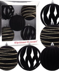 Christmas Concepts® Elegance Collection - Pack of 5-100mm (4") Black Luxury Velvet & Glitter Decorated Large Baubles - Christmas Tree Hanging Decorations