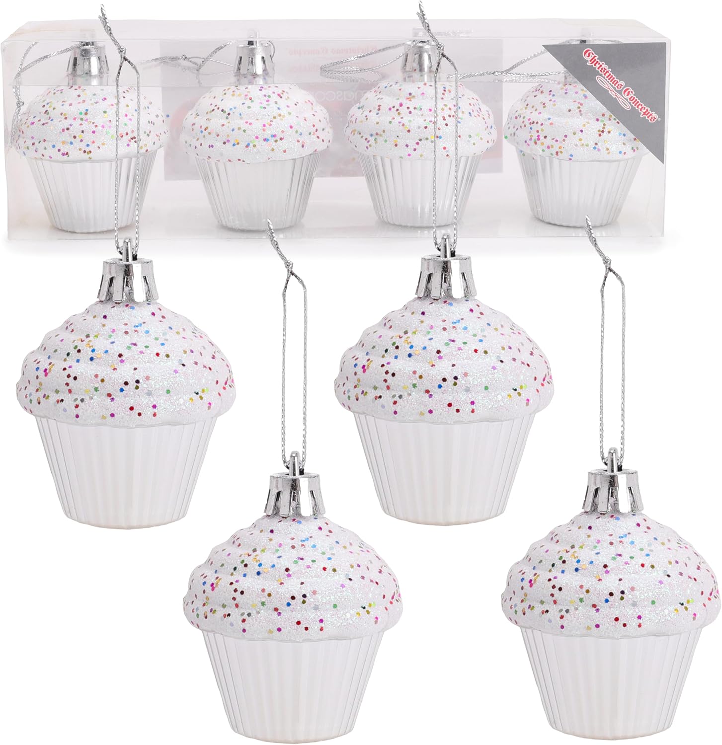 Christmas Concepts® Pack of 4-60mm (2.3") Silver Glittery Festive Cupcake Baubles - Christmas Tree Decorations