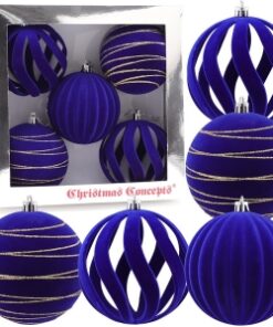 Christmas Concepts® Elegance Collection - Pack of 5-100mm (4") Blue Luxury Velvet & Glitter Decorated Large Baubles - Christmas Tree Hanging Decorations