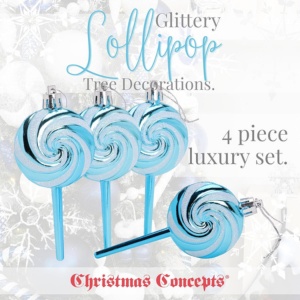 Pack of 4-110mm (4.3") Turquoise Glittery Festive Lollipop Baubles - Christmas Tree Decorations - Image 6