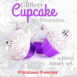 Christmas Concepts® Pack of 4 - 60mm (2.3") Purple Glittery Festive Cupcake Baubles - Christmas Tree Decorations - Image 2