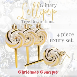 Pack of 4-110mm (4.3") Gold Glittery Festive Lollipop Baubles - Christmas Tree Decorations - Image 5