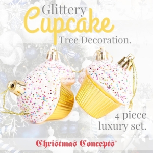 Christmas Concepts® Pack of 4 - 60mm (2.3") Gold Glittery Festive Cupcake Baubles - Christmas Tree Decorations - Image 2