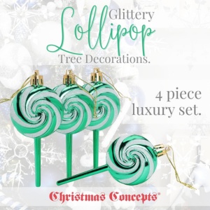 Pack of 4-110mm (4.3") Emerald Green Glittery Festive Lollipop Baubles - Christmas Tree Decorations - Image 2