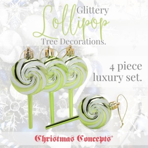 Pack of 4-110mm (4.3") Lime Green Glittery Festive Lollipop Baubles - Christmas Tree Decorations - Image 9