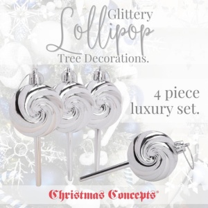 Pack of 4-110mm (4.3") Silver Glittery Festive Lollipop Baubles - Christmas Tree Decorations - Image 9