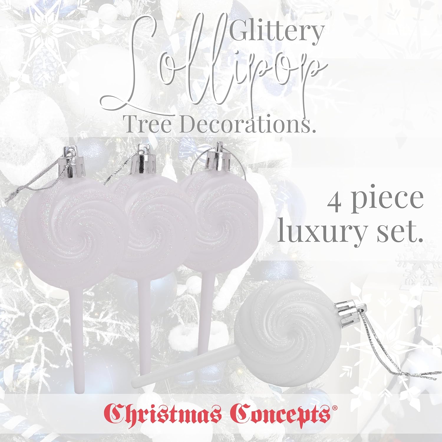 Christmas Concepts® Pack of 4-110mm (4.3") White Glittery Festive Lollipop Baubles - Christmas Tree Decorations - Image 9