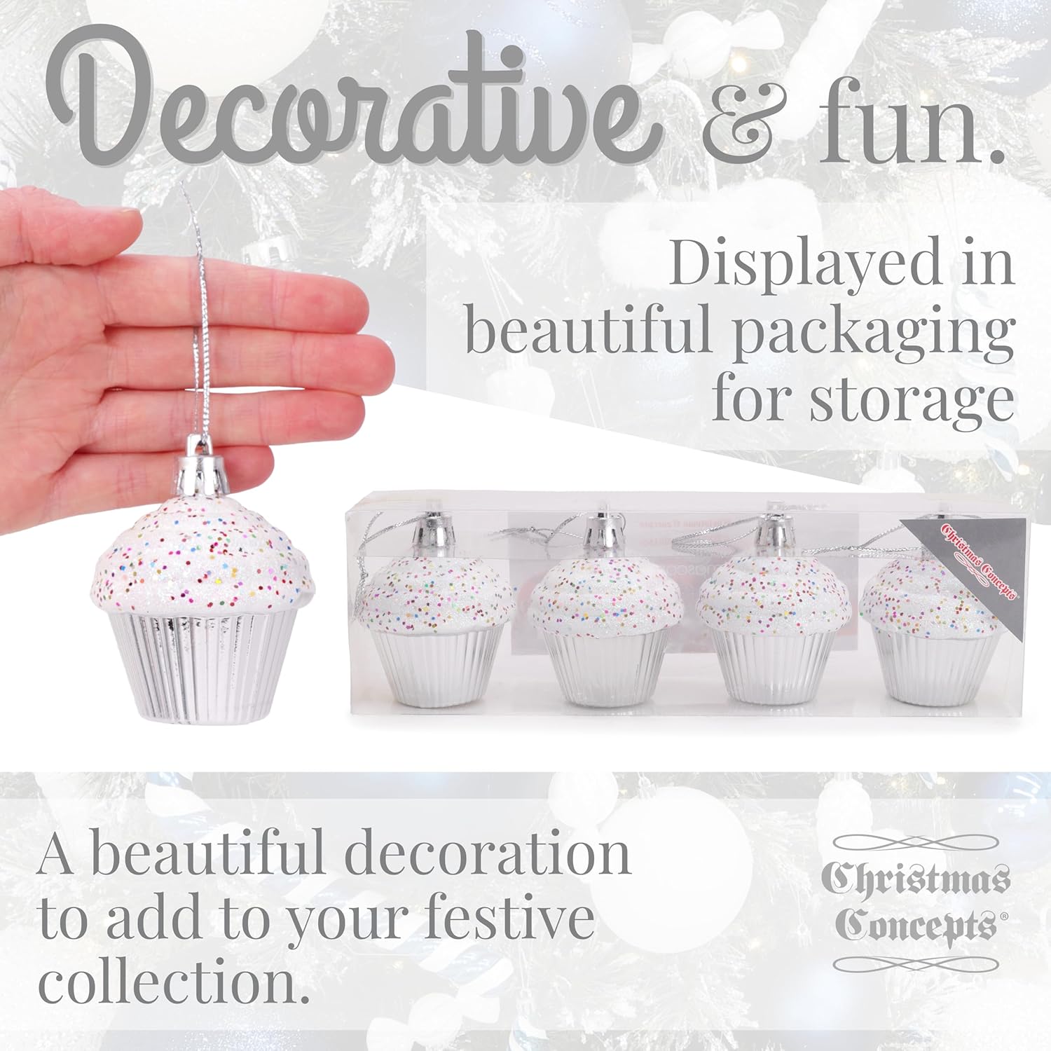 Christmas Concepts® Pack of 4-60mm (2.3") Silver Glittery Festive Cupcake Baubles - Christmas Tree Decorations - Image 2