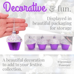 Christmas Concepts® Pack of 4 - 60mm (2.3") Purple Glittery Festive Cupcake Baubles - Christmas Tree Decorations - Image 3
