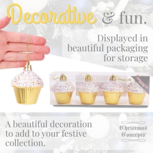 Christmas Concepts® Pack of 4 - 60mm (2.3") Gold Glittery Festive Cupcake Baubles - Christmas Tree Decorations - Image 3