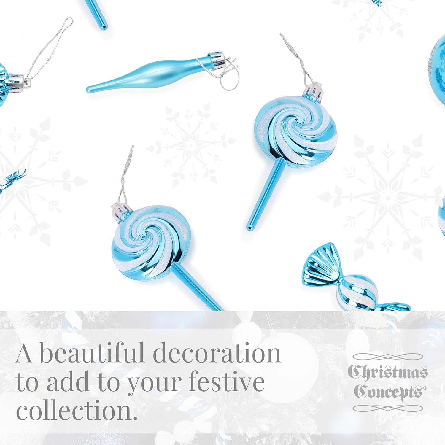 Pack of 4-110mm (4.3") Turquoise Glittery Festive Lollipop Baubles - Christmas Tree Decorations - Image 7