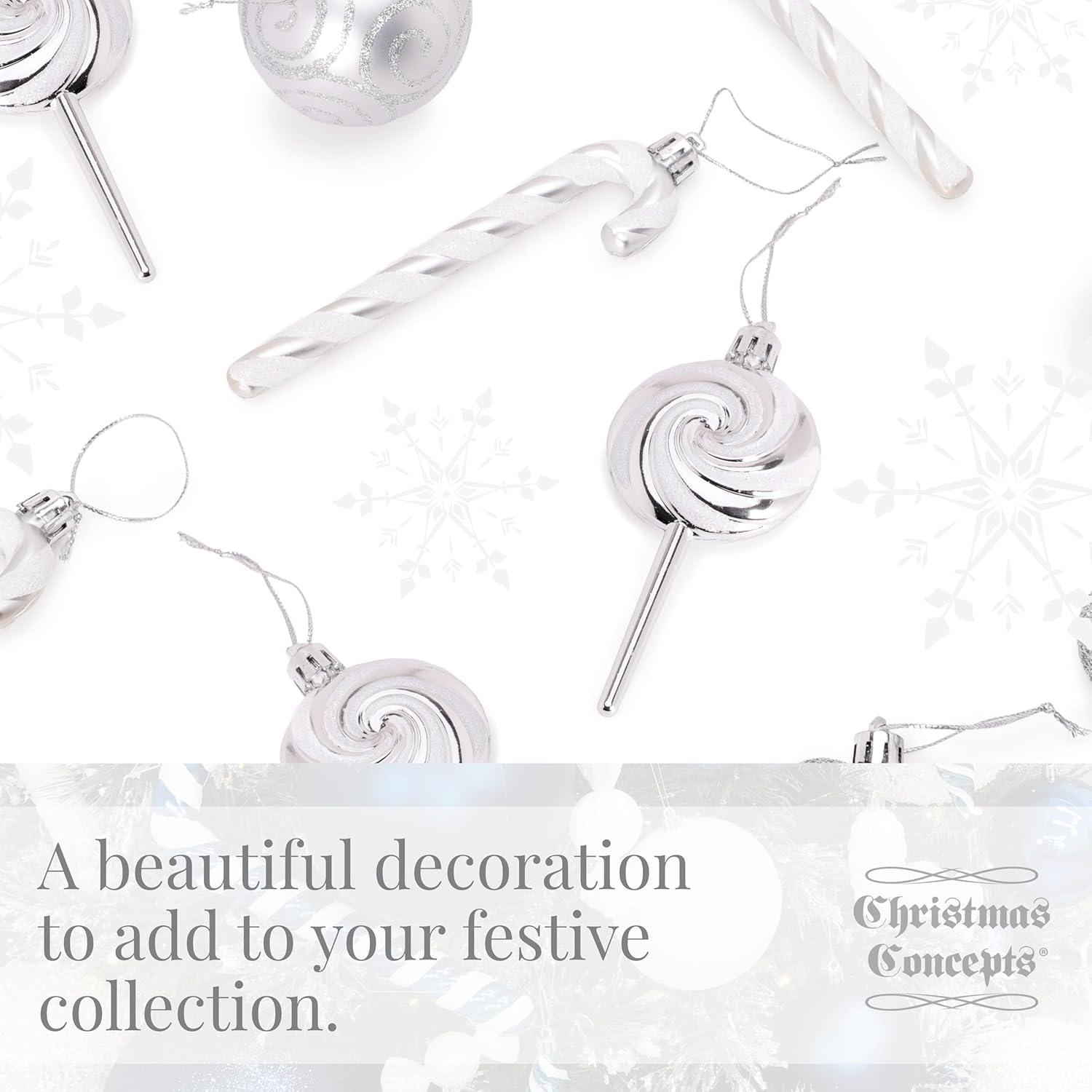 Pack of 4-110mm (4.3") Silver Glittery Festive Lollipop Baubles - Christmas Tree Decorations - Image 6