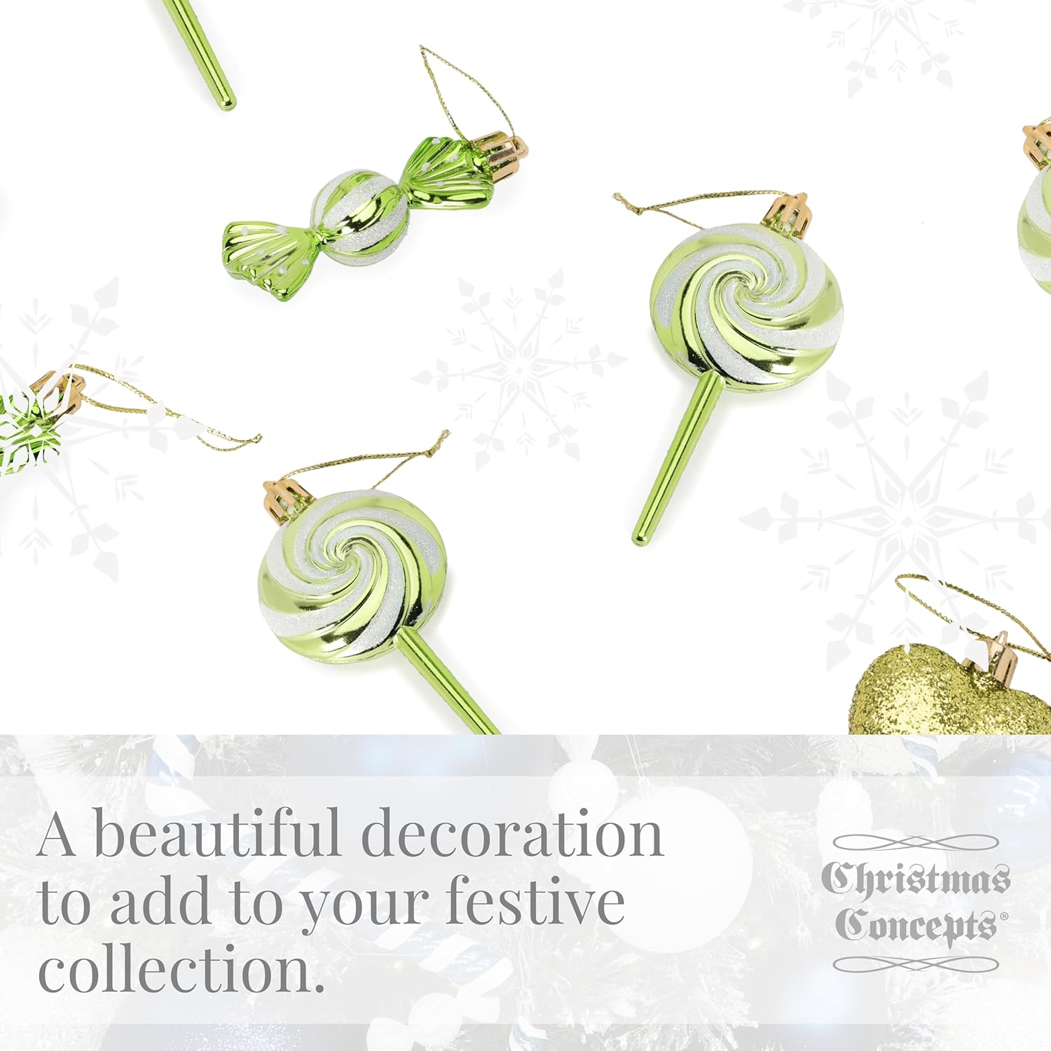 Pack of 4-110mm (4.3") Lime Green Glittery Festive Lollipop Baubles - Christmas Tree Decorations - Image 5