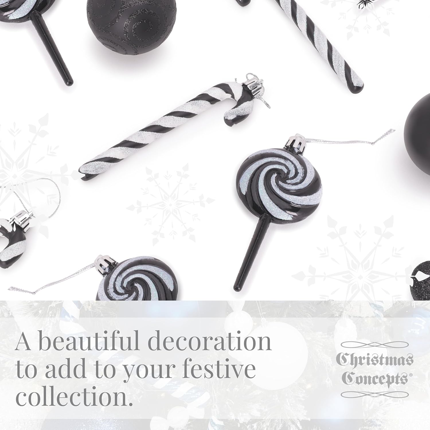 Pack of 4-110mm (4.3") Black Glittery Festive Lollipop Baubles - Christmas Tree Decorations - Image 8