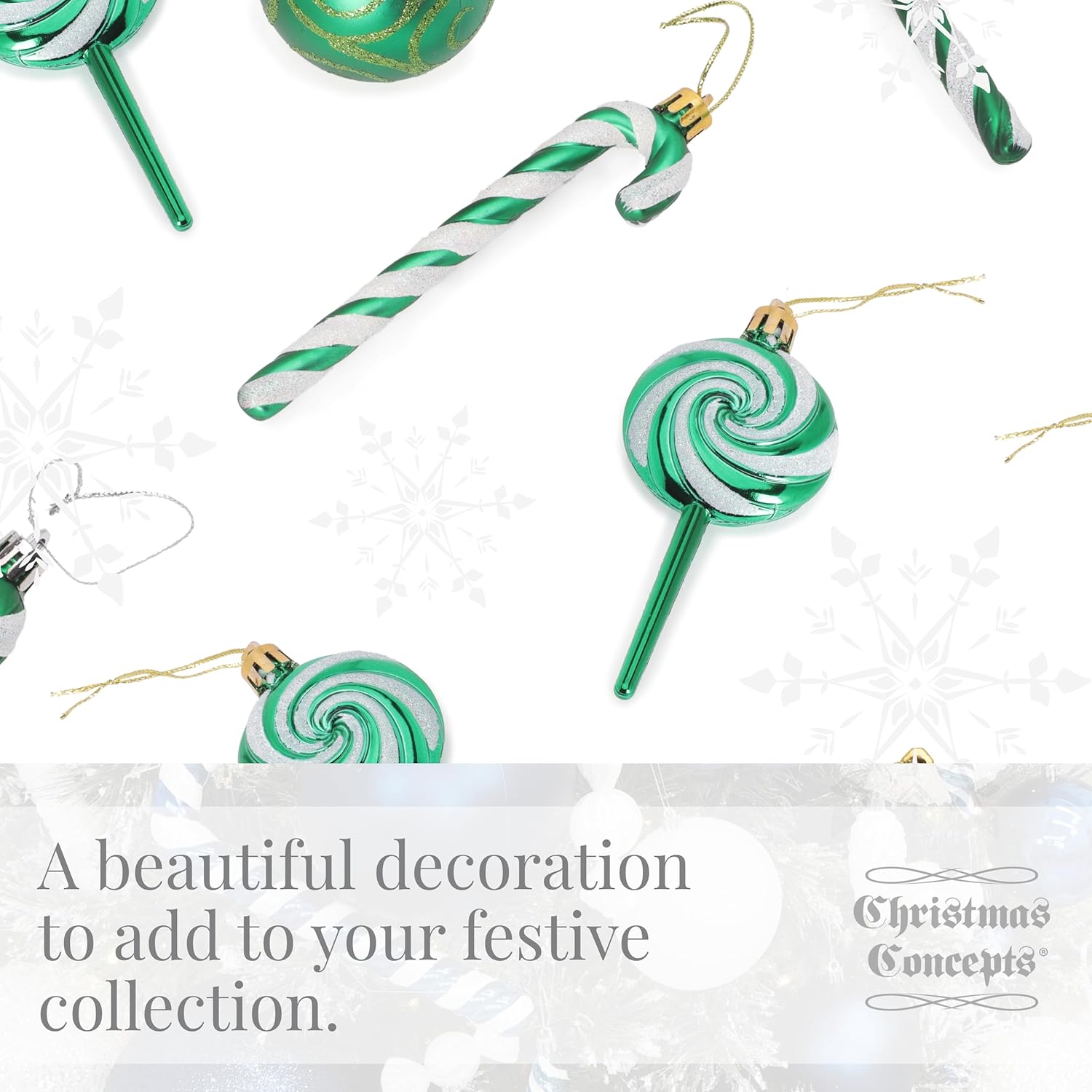 Pack of 4-110mm (4.3") Emerald Green Glittery Festive Lollipop Baubles - Christmas Tree Decorations - Image 3